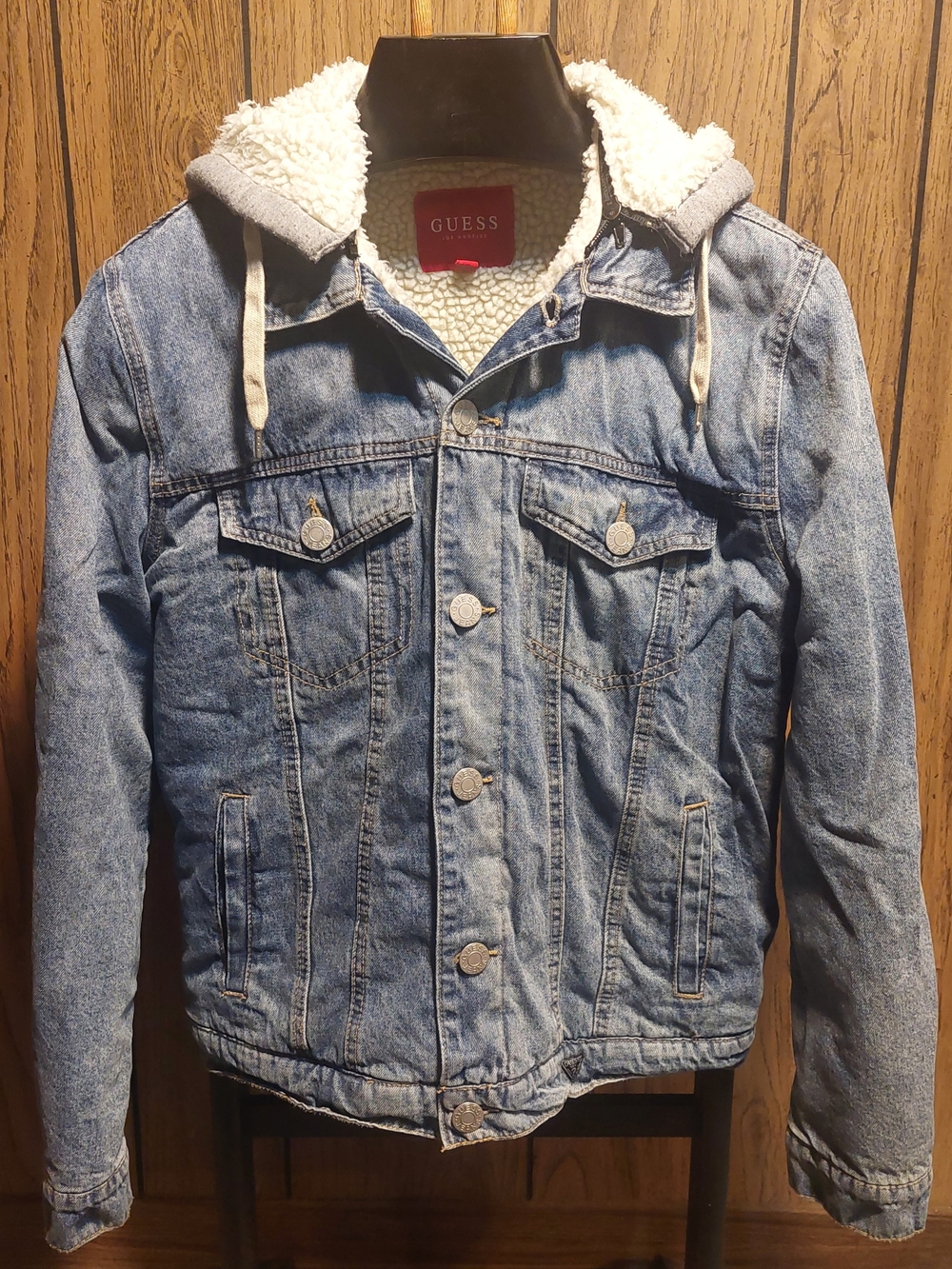 GUESS Denim Sherpa-Lined Hooded Jacket - Light Blue Medium Removable Hood Denim
